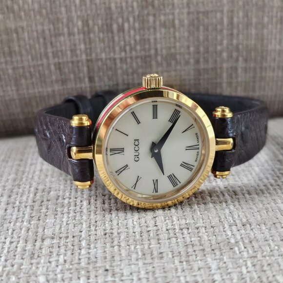 Gucci Ladies Wristwatch Gold Tone Case Brown Leather Strap Swiss Made Watch auth Gucci 3400 F L Gold Round Ladies Watch - Etsy main image 2